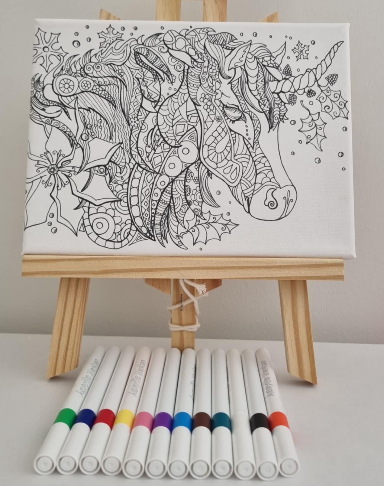 Printed canvas with unicorn design, acrylic markers, and easel DIY art kit by Creative Box