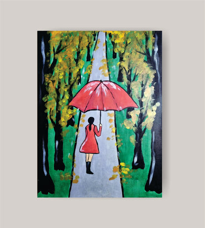 DIY autumn landscape painting kit with canvas, paints, brushes, apron, and step-by-step tutorial by Creative Box