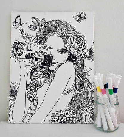Canvas board with lady taking photo design and acrylic markers DIY art kit by Creative Box