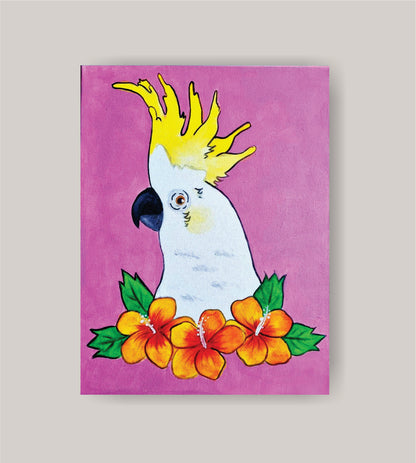 Cockatoo painting kit with canvas, paints, brushes, apron, palette, and step-by-step tutorial by Creative Box