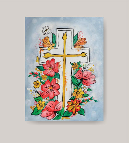 DIY cross with flowers painting kit with canvas, paints, brushes, apron, and step-by-step tutorial by Creative Box