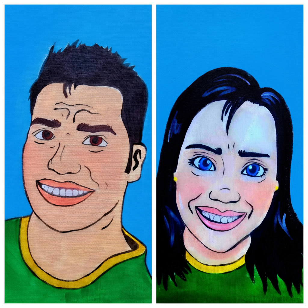 DIY custom cartoon portrait painting kit for two with canvases, paints, brushes, aprons, and step-by-step tutorial by Creative Box