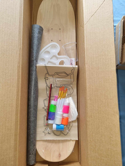 Customised skateboard deck painting kit with paints, personalised name transfer, and accessories by Creative Box