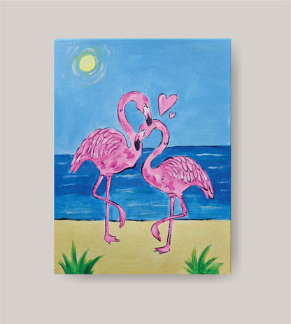 DIY flamingos painting kit with canvas, paints, brushes, apron, and step-by-step tutorial by Creative Box