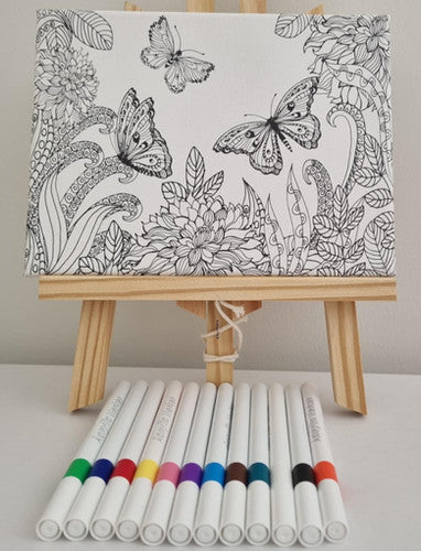 Flutter and Bloom printed canvas with acrylic markers and easel; delicate butterflies and flowers on mini wooden easel