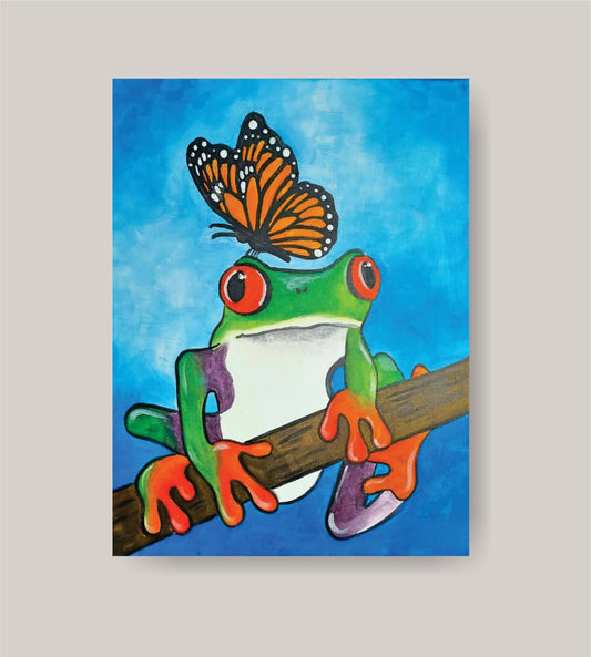 DIY frog and butterfly painting kit with canvas, paints, brushes, apron, and step-by-step tutorial by Creative Box