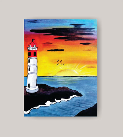 DIY lighthouse painting kit with canvas, paints, brushes, apron, and step-by-step tutorial by Creative Box