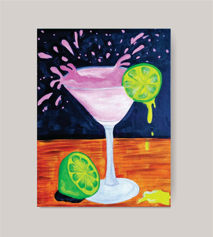 DIY margarita cocktail painting kit with canvas, paints, brushes, apron, and step-by-step tutorial by Creative Box