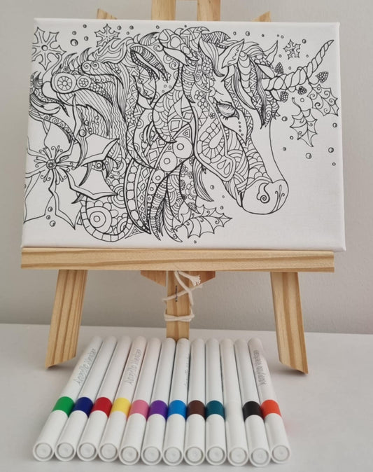 Printed canvas with unicorn design, acrylic markers, and easel DIY art kit by Creative Box
