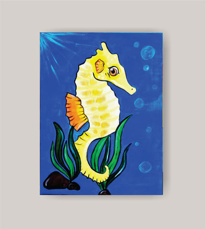 DIY seahorse painting kit with canvas, paints, brushes, apron, and step-by-step tutorial by Creative Box