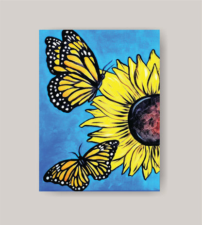 DIY sunflower and butterfly painting kit with canvas, paints, brushes, apron, and step-by-step tutorial by Creative Box